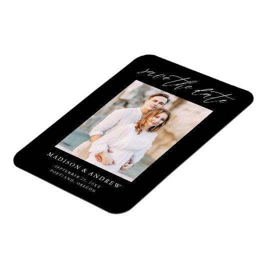 Elegant Script Zwart-wit Foto Save The Date Magneet (Linkerzijde)