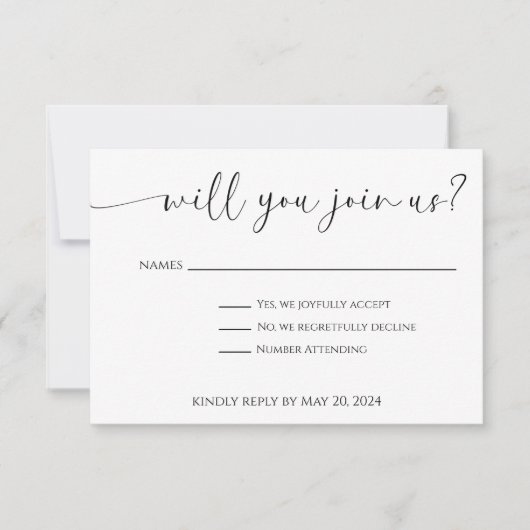 Elegant Script Zwart-wit Ga je met ons mee RSVP Kaartje (Voorkant)