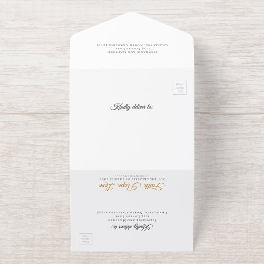 Elegant Script Zwart Wit Gouden Folie Wedding All In One Uitnodiging (Buiten)