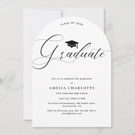 Elegant Script Zwart Wit Graduation Party Arch Kaart (Voorkant)