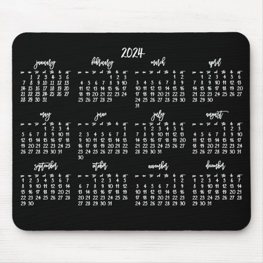 Elegant script zwart-wit kalender 2024 muismat (Voorkant)