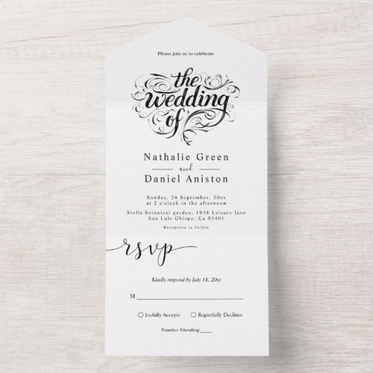 Elegant Script Zwart-wit Klassieke bruiloft All In One Uitnodiging (Binnen)