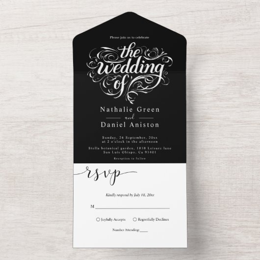 Elegant Script Zwart-wit Moderne bruiloft All In One Uitnodiging (Binnen)