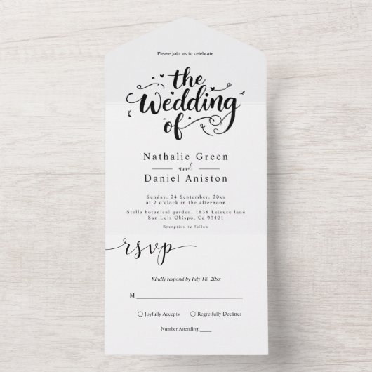 Elegant Script Zwart-wit Moderne bruiloft All In One Uitnodiging (Binnen)