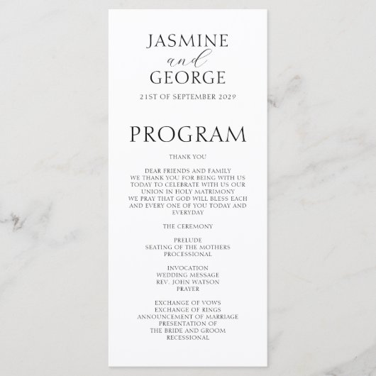 Elegant Script Zwart & Wit Moderne bruiloft Programmakaart (Voorkant)