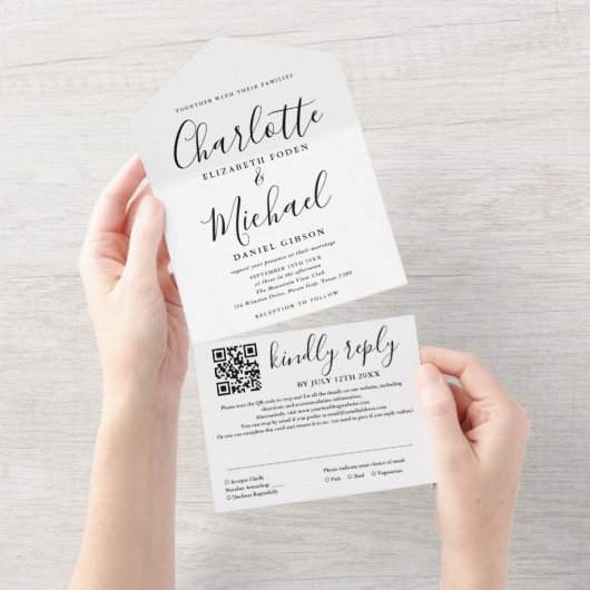 Elegant script zwart-wit QR-code trouwkaart All In One Uitnodiging (Afscheurbaar)