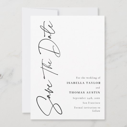 Elegant Script Zwart Wit Sla de datum op Save The Date (Voorkant)