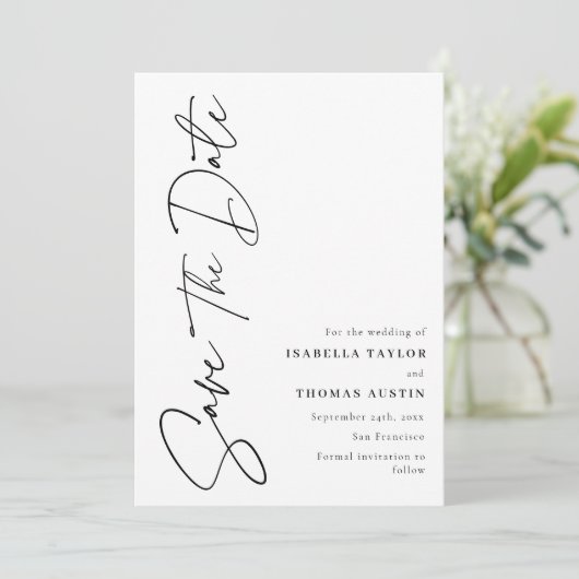 Elegant Script Zwart Wit Sla de datum op Save The Date (Staand voorkant)