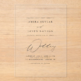 Elegant script zwarte boho minimalistische bruilof acryl uitnodigingen