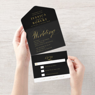 Elegant Script Zwarte Kalligrafie Huwelijk Folie All In One Uitnodiging