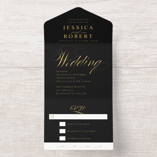 Elegant Script Zwarte Kalligrafie Huwelijk Folie All In One Uitnodiging (Binnenkant)