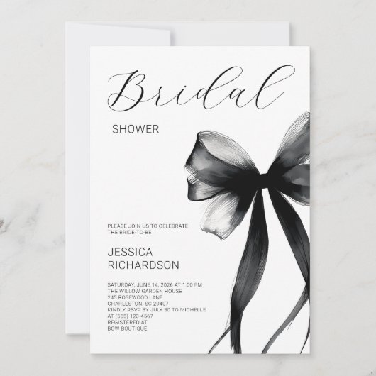 Elegant Script Zwarte Waterverf Boog Bruidsdouche Kaart (Voorkant)