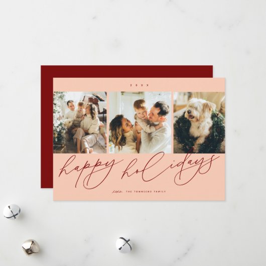 Elegant scripted Happiest Feestdagen 3 Familiefoto Feestdagenkaart (Voorkant / Achterkant in situ)