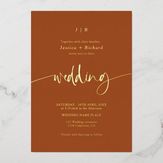 Elegant scriptpenseelterracotta trouwgoud folie uitnodiging (Voorkant)