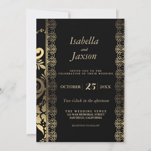 Elegant Scroll Black en Gold Kaart (Voorkant)