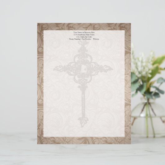 Elegant Scroll Christelijk Kruis met wervelkolom A Persoonlijk Briefhoofd (Staand voorkant)