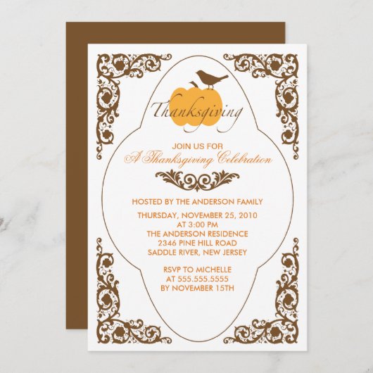 Elegant Scroll Pumpkin Thanksgiving Uitnodigingen (Voorkant / Achterkant)