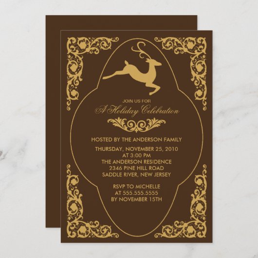 Elegant Scroll Reindeer Kerstfeest Uitnodiging (Voorkant / Achterkant)