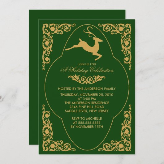 Elegant Scroll Reindeer Kerstfeest Uitnodiging (Voorkant / Achterkant)