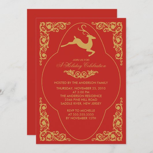 Elegant Scroll Reindeer Kerstfeest Uitnodiging (Voorkant / Achterkant)