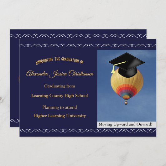 Elegant Scroll Script Hot Air Balloon Afstuderen Aankondiging (Voorkant / Achterkant)