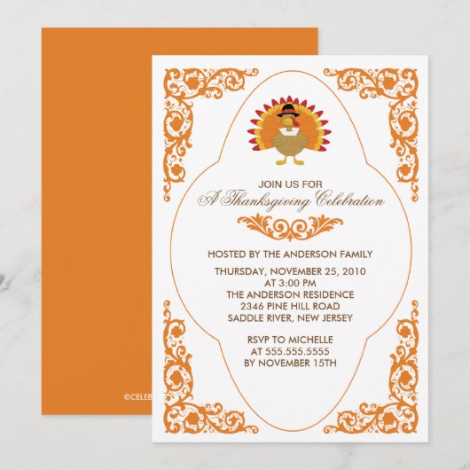 Elegant Scroll Turkey Thanksgiving Uitnodigingen (Voorkant / Achterkant)
