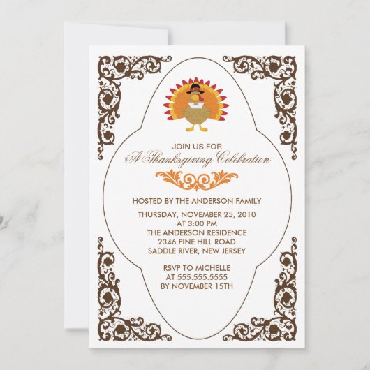 Elegant Scroll Turkey Thanksgiving Uitnodigingen (Voorkant)