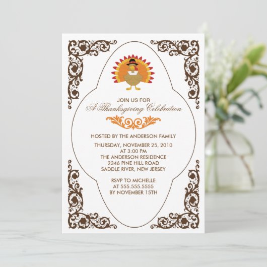 Elegant Scroll Turkey Thanksgiving Uitnodigingen (Staand voorkant)