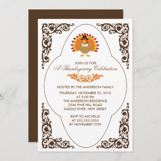 Elegant Scroll Turkey Thanksgiving Uitnodigingen (Voorkant / Achterkant)