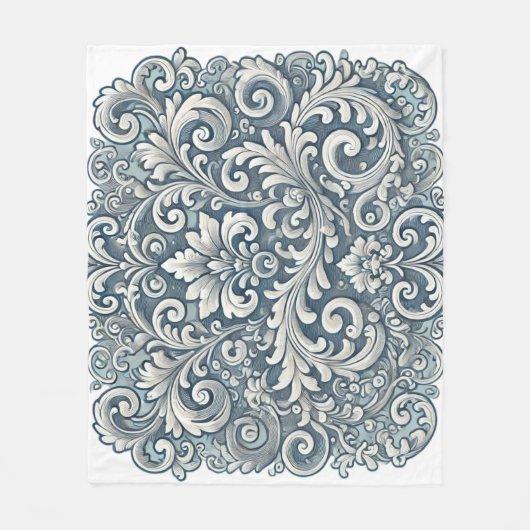 Elegant Scrolling Damask Patroon in Zacht en Blauw Fleece Deken (Voorkant)