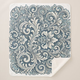 Elegant Scrolling Damask Patroon in Zacht en Blauw Sherpa Deken