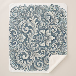 Elegant Scrolling Damask Patroon in Zacht en Blauw Sherpa Deken