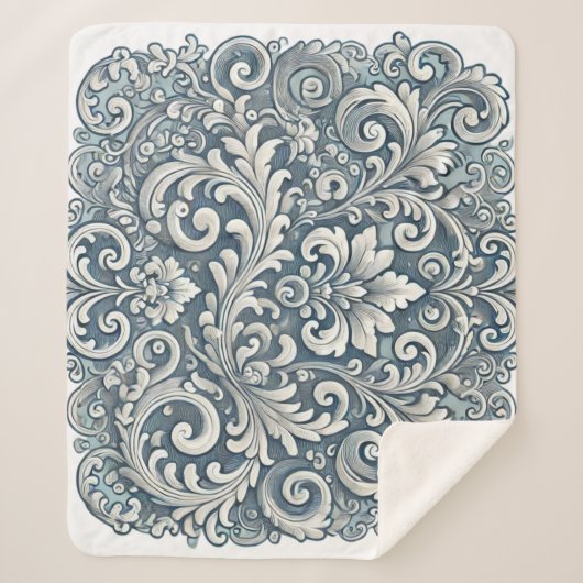 Elegant Scrolling Damask Patroon in Zacht en Blauw Sherpa Deken (Voorkant)