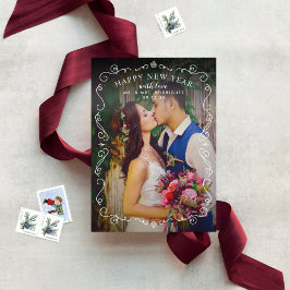 Elegant Scrolls Happy New Year Burgundy Foto Feestdagenkaart