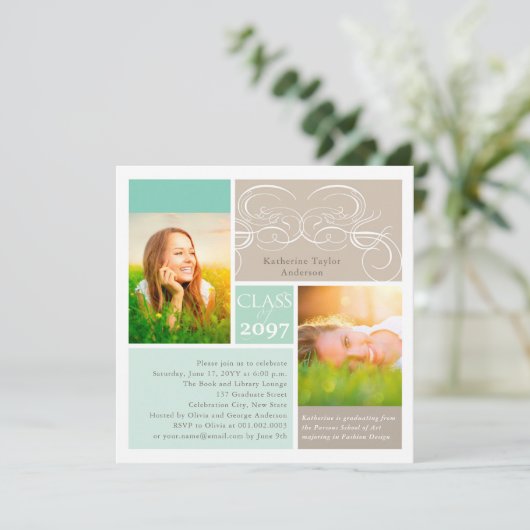 Elegant Scrolls Mint Two Photo Graduparty Kaart (Staand voorkant)