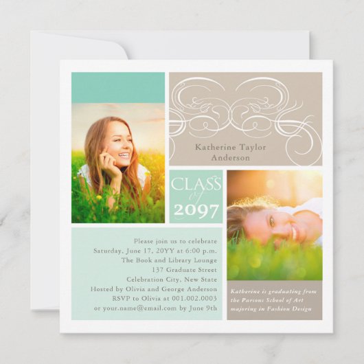 Elegant Scrolls Mint Two Photo Graduparty Kaart (Voorkant)