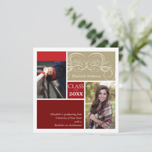 Elegant Scrolls Red Two Photo Graduparty Kaart (Staand voorkant)