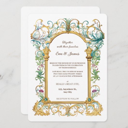 Elegant Scrollwork Floral Regal Botanical Wedding Kaart (Voorkant / Achterkant)