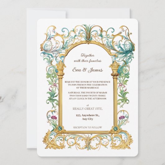 Elegant Scrollwork Floral Regal Botanical Wedding Kaart (Voorkant)