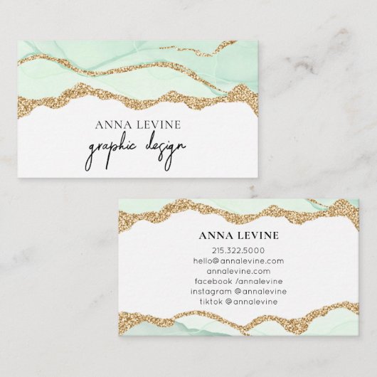 Elegant Seafoam Green Agate en Gold Visitekaartje (Voorkant / Achterkant)