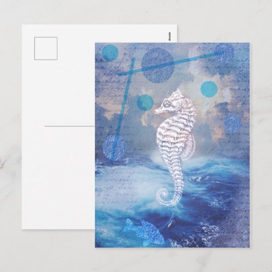 Elegant  Seahorse Blue Ocean Waves Feestdagenkaart (Voorkant / Achterkant)