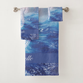 Elegant  Seahorse Blue Ocean Waves Name Bad Handdoek