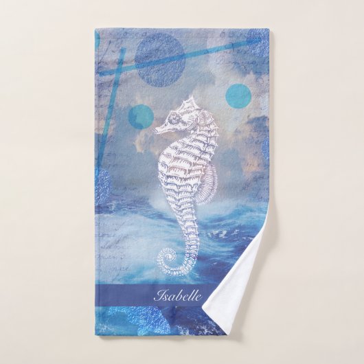 Elegant  Seahorse Blue Ocean Waves Name Bad Handdoek (Handdoek)