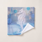 Elegant Seahorse Blue Ocean Waves Name Bad Handdoek (Wasdoekje)