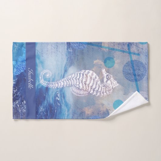Elegant Seahorse Blue Ocean Waves Name Bad Handdoek (Handdoek)