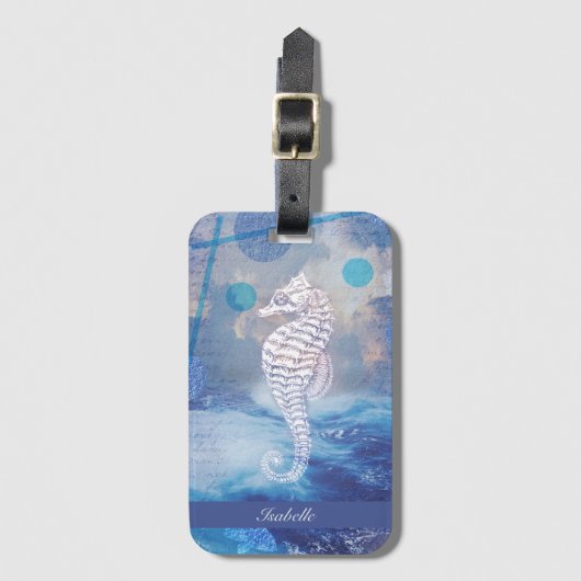 Elegant  Seahorse Blue Ocean Waves Name Bagagelabel (Voorkant (verticaal))