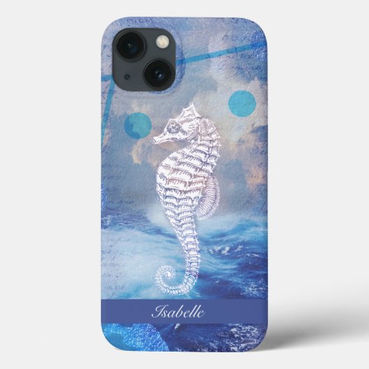 Elegant  Seahorse Blue Ocean Waves Name Case-Mate iPhone Case (Achterkant)