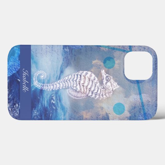 Elegant Seahorse Blue Ocean Waves Name Case-Mate iPhone Case (Achterkant (horizontaal))
