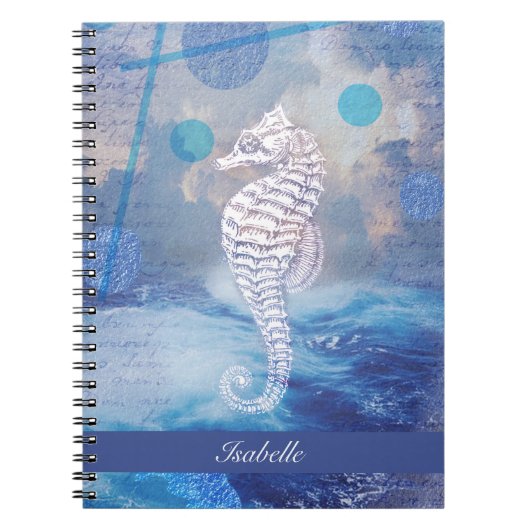 Elegant  Seahorse Blue Ocean Waves Name Notitieboek (Voorkant)