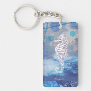 Elegant  Seahorse Blue Ocean Waves Name Sleutelhanger